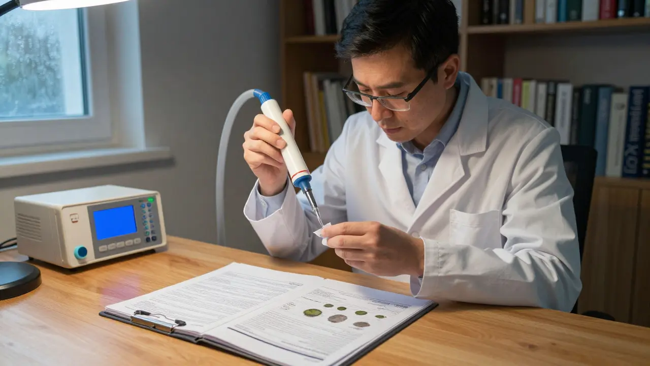 Schimmelgutachter entnimmt Luftproben in einem Wohnzimmer, Laborbericht liegt auf dem Tisch.