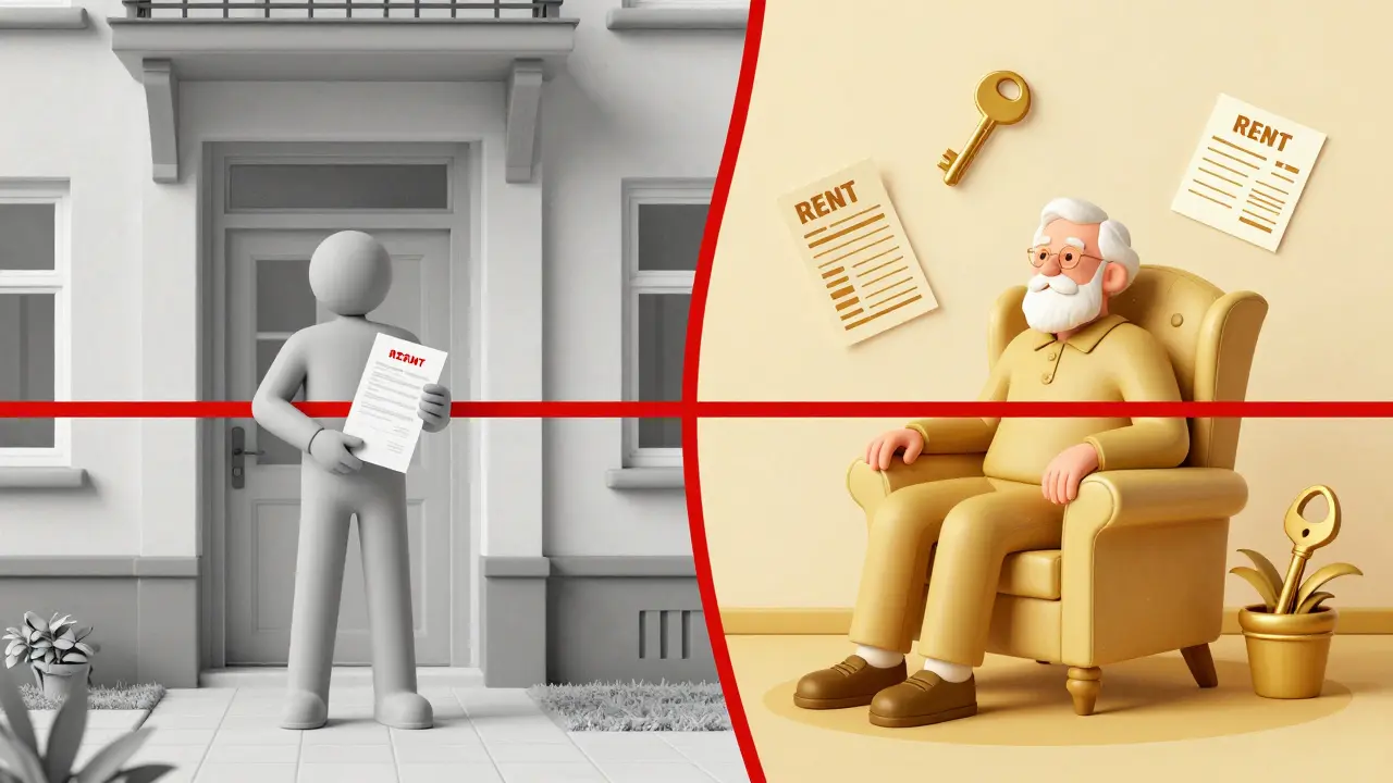 Split-image of an apartment building showing separation between ownership (outside) and usage (inside).