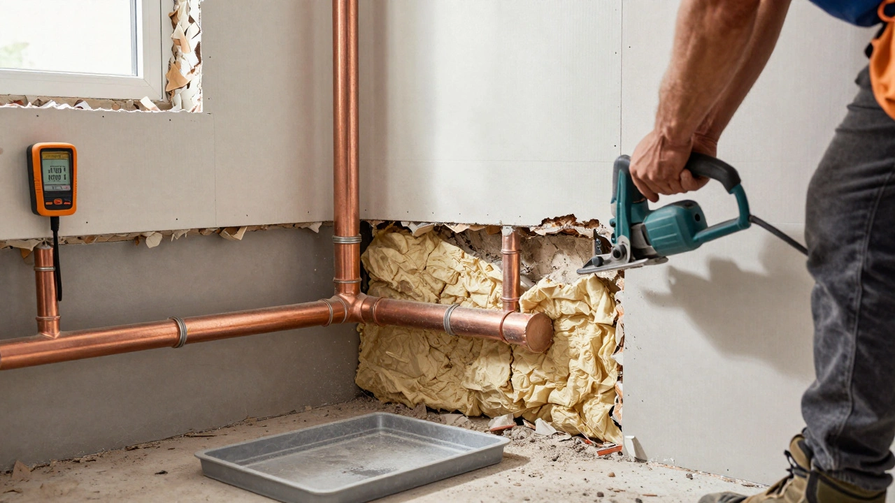 Technische Szene während der Renovierung: freiliegende Rohre, Schnitt in Dämmung, Feuchtigkeitsmessgerät und Wasserstandstest.