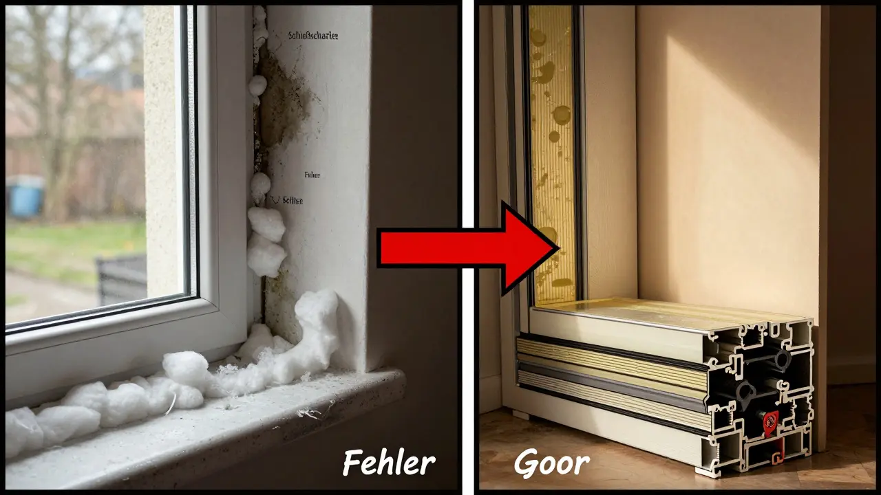 Vergleich: Schlechter Fensteranschlag mit Schimmel und Montageschaum vs. professionelle Lösung mit Dämmung und Dichtbändern.