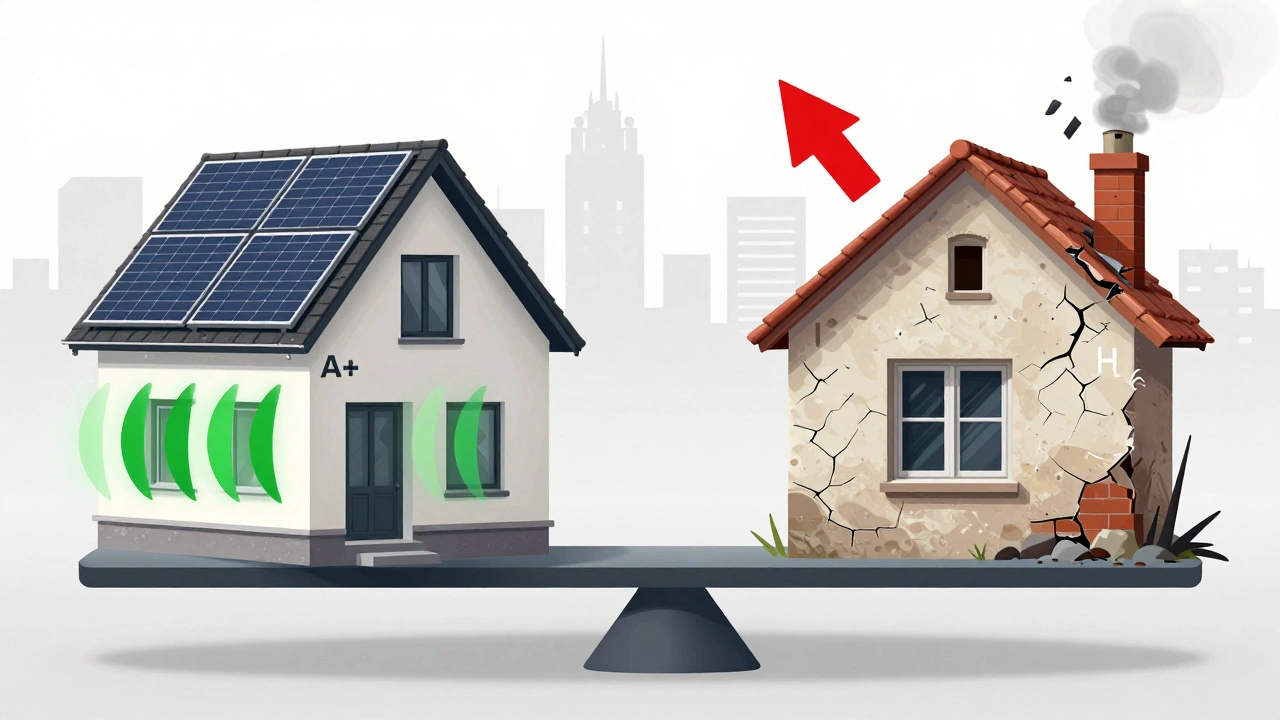 Vergleich zweier Gebäude: links ein energieeffizientes Haus mit A+-Rating, rechts ein altes Gebäude mit H-Rating und hohen Energiekosten.