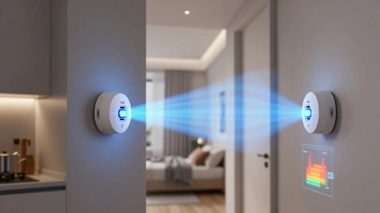 Vernetzte intelligente Rauchmelder leuchten synchron, modernes Interieur, keine Batterien sichtbar, thermische Sensoren aktiv.