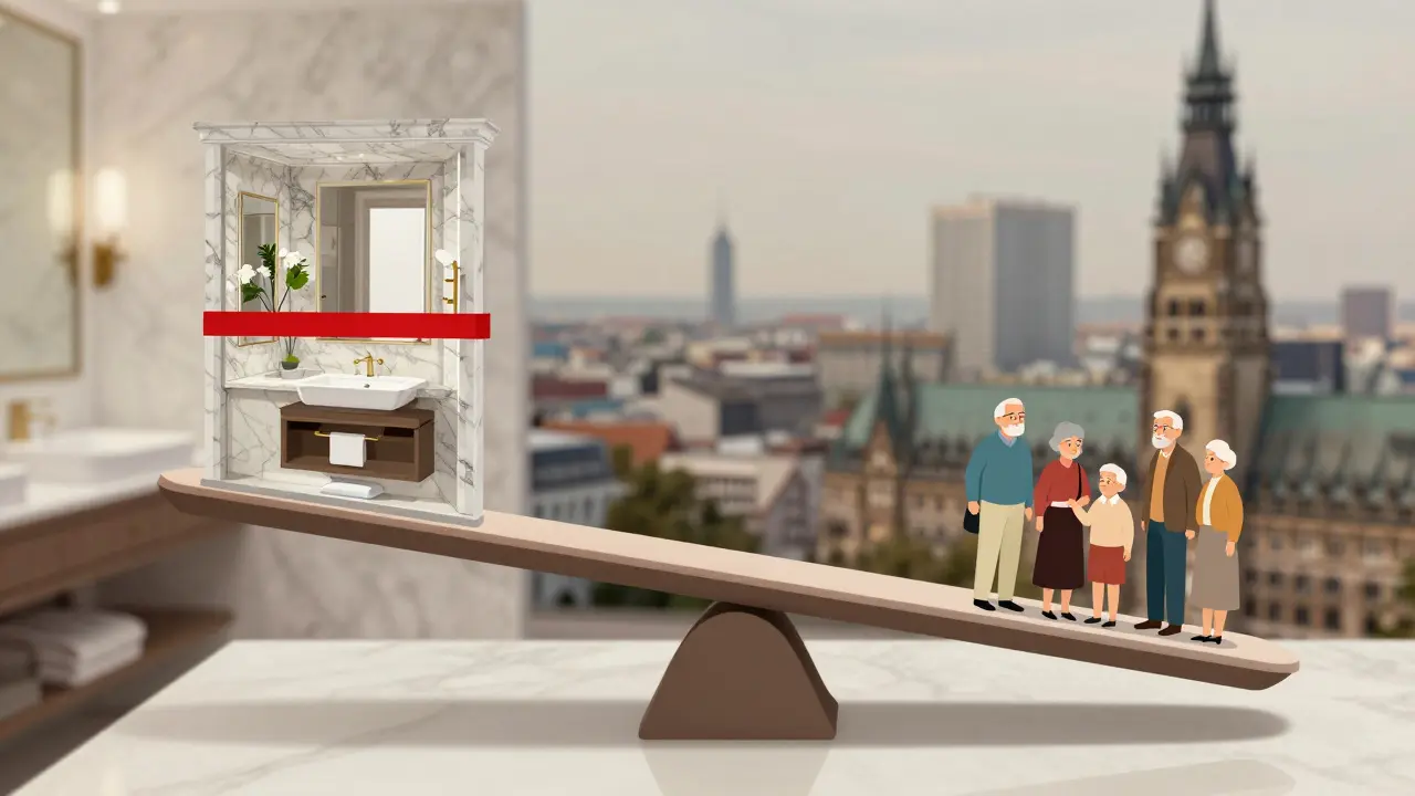 Waage mit luxuriösem Badezimmer auf der einen und einer Familie auf der anderen Seite, Symbol für soziale Gerechtigkeit.