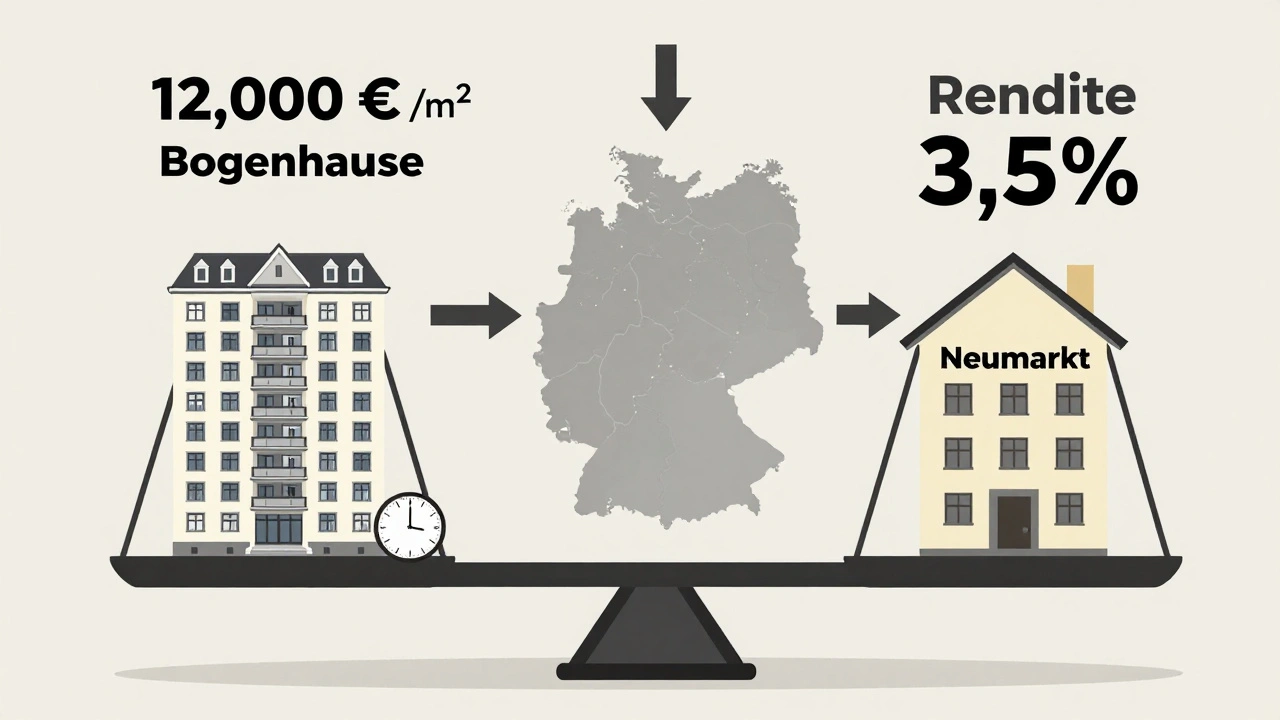 Waage mit teurer Wohnung in München auf der einen und günstigerer in Köln auf der anderen Seite, mit Investitionsströmen zu Mittelstädten.