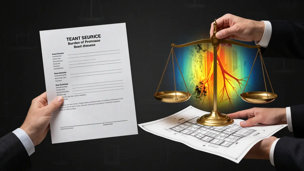 Waage zeigt den Rechtsstreit zwischen Mieter und Vermieter über Schimmelursache mit thermischer Wandanalyse.