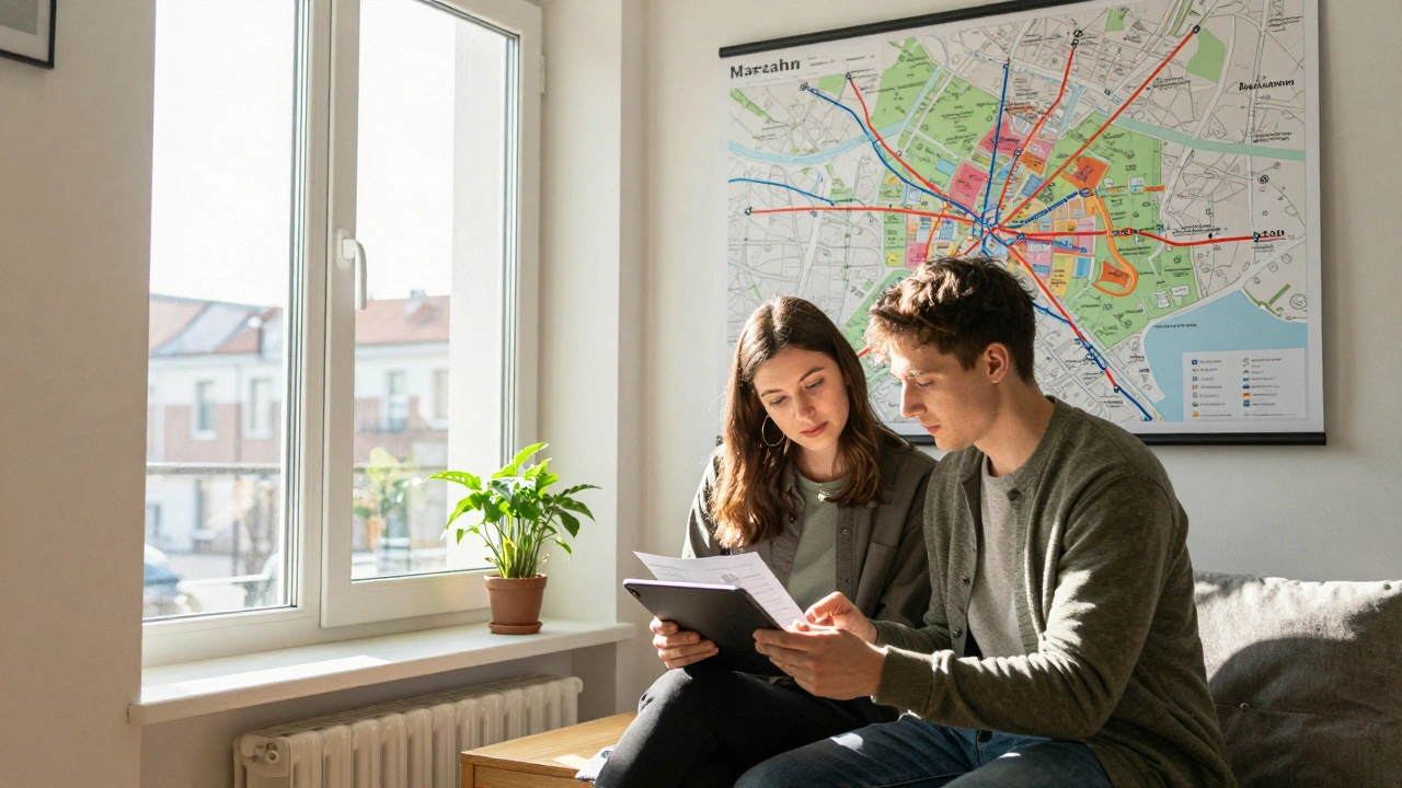 Wohnung in Berlin-Marzahn mit Paar, das Infrastrukturpläne auf Tablet ansieht, Sonnenlicht und Entwicklungskarte im Hintergrund.