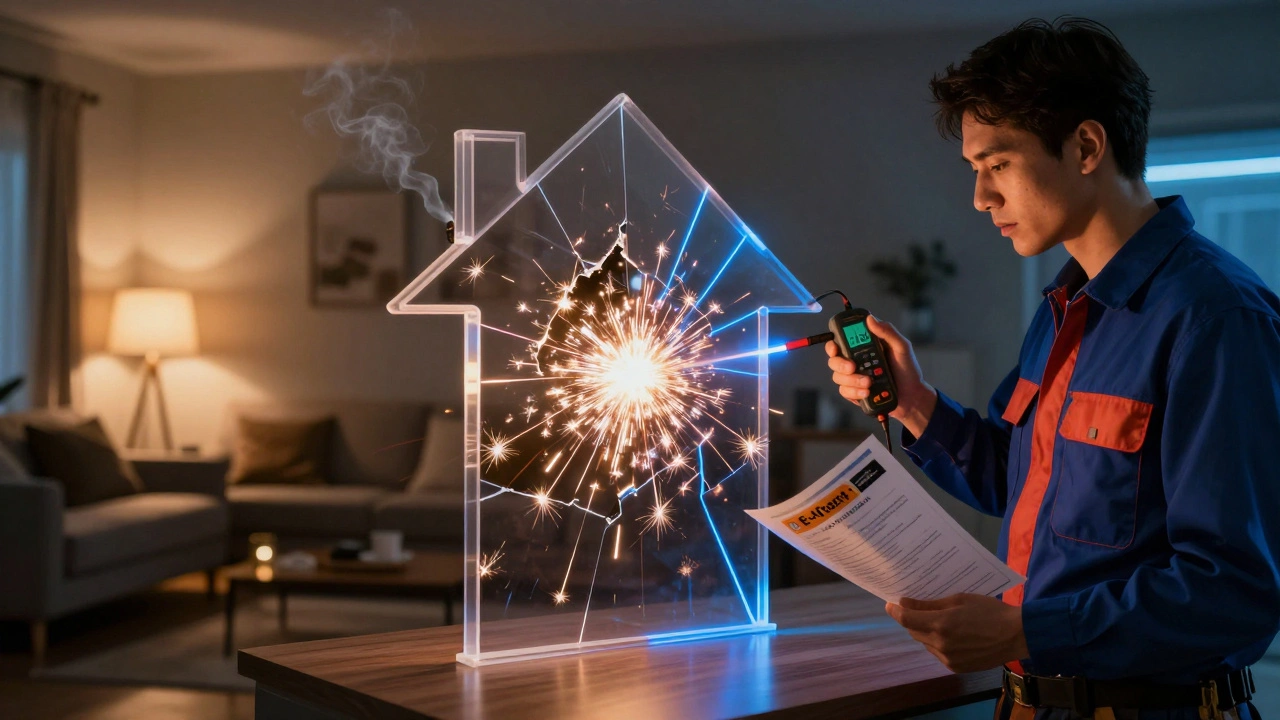 Zwei Seiten einer Wohnung: eine mit elektrischen Gefahren, die andere mit einem Elektriker bei einer Sicherheitsprüfung