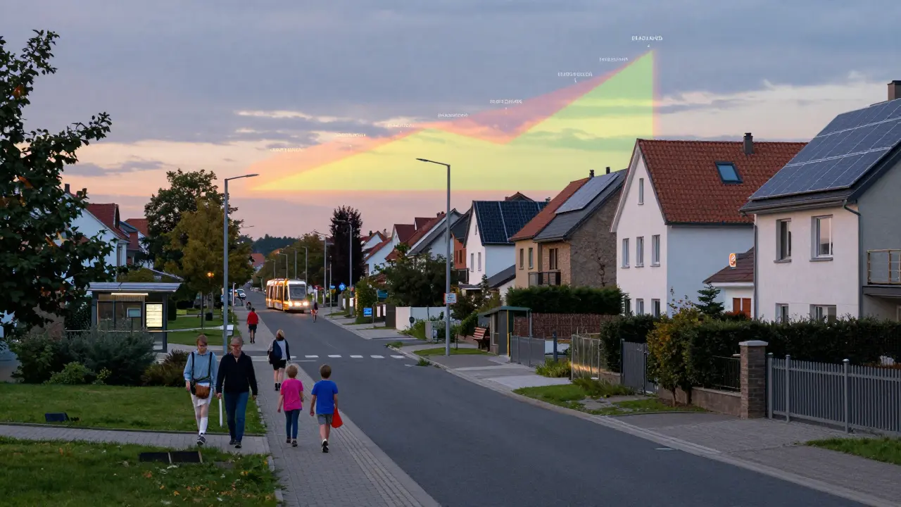 Abendliche Straße in einer wachsenden Stadt mit Familien, Straßenbahnhaltestelle und sonnigen Dächern – Zeichen von Lebensqualität und Investitionsstärke.