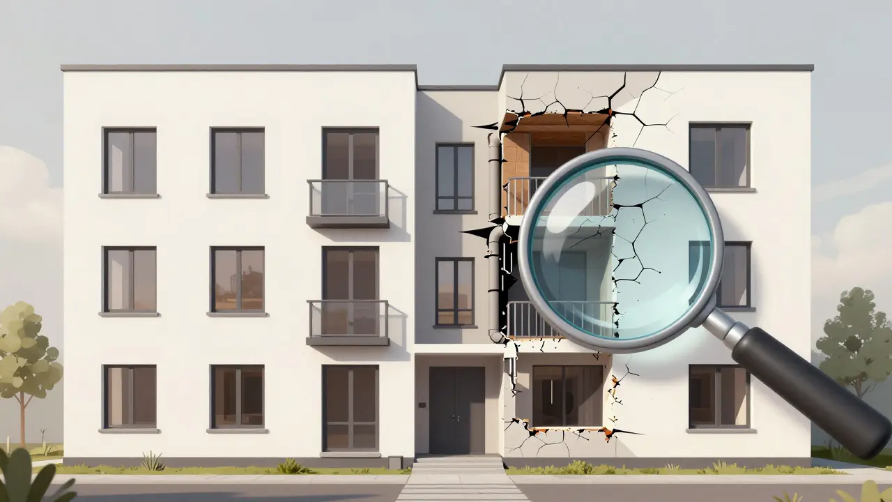 Aufgeschnittene Ansicht eines Neubaus mit versteckten Baumängeln wie undichten Dämmungen und Leitungen.