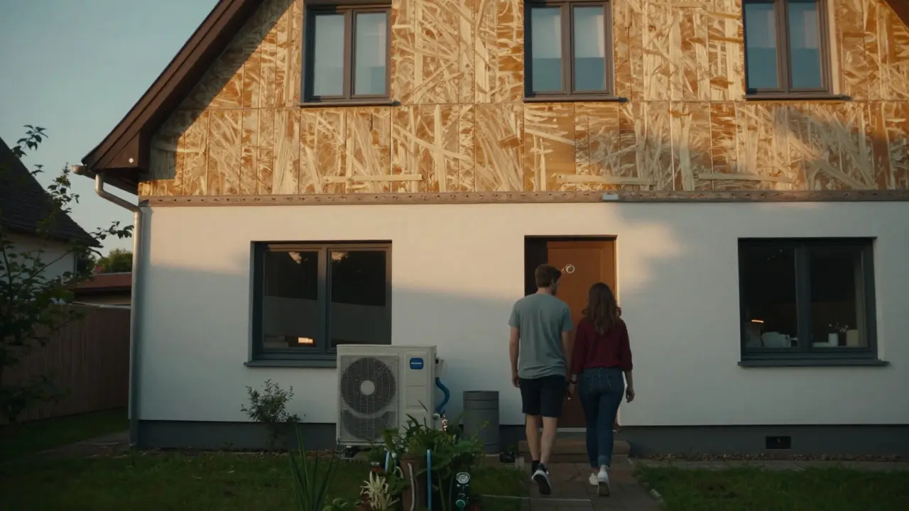 Außenansicht eines renovierten Hauses in Freiburg mit Dämmung, Wärmepumpe und einem Paar vor der Tür.