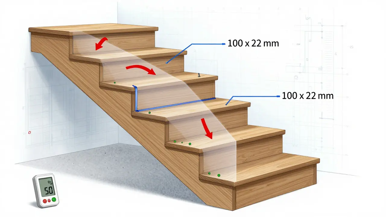 Diagrammatische Darstellung der drei Methoden zur Behebung von Treppenknarren.