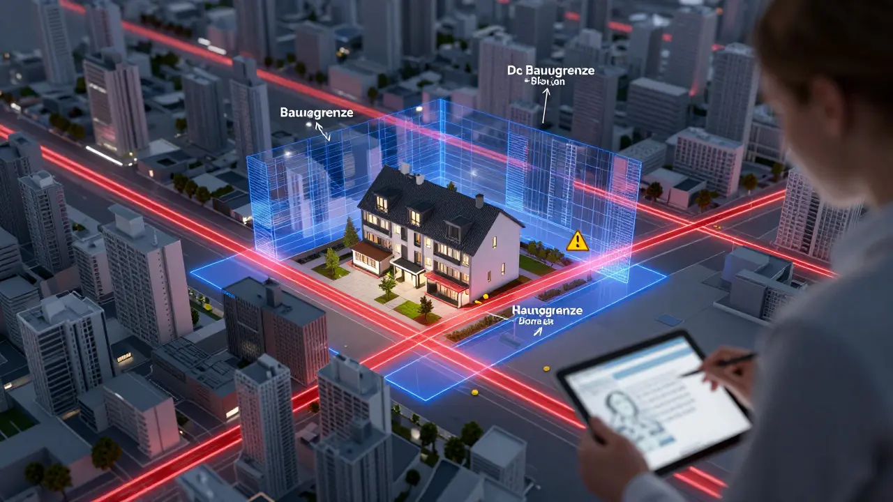 Digitales 3D-Modell eines Hauses, das automatisch an rote und blaue Baugrenzen angepasst wird.