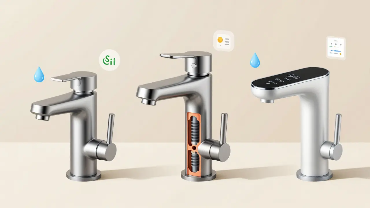 Drei Armaturen im Vergleich: mechanisch, sensorbasiert und smart, mit internen Wassersparmechanismen in Querschnitt.