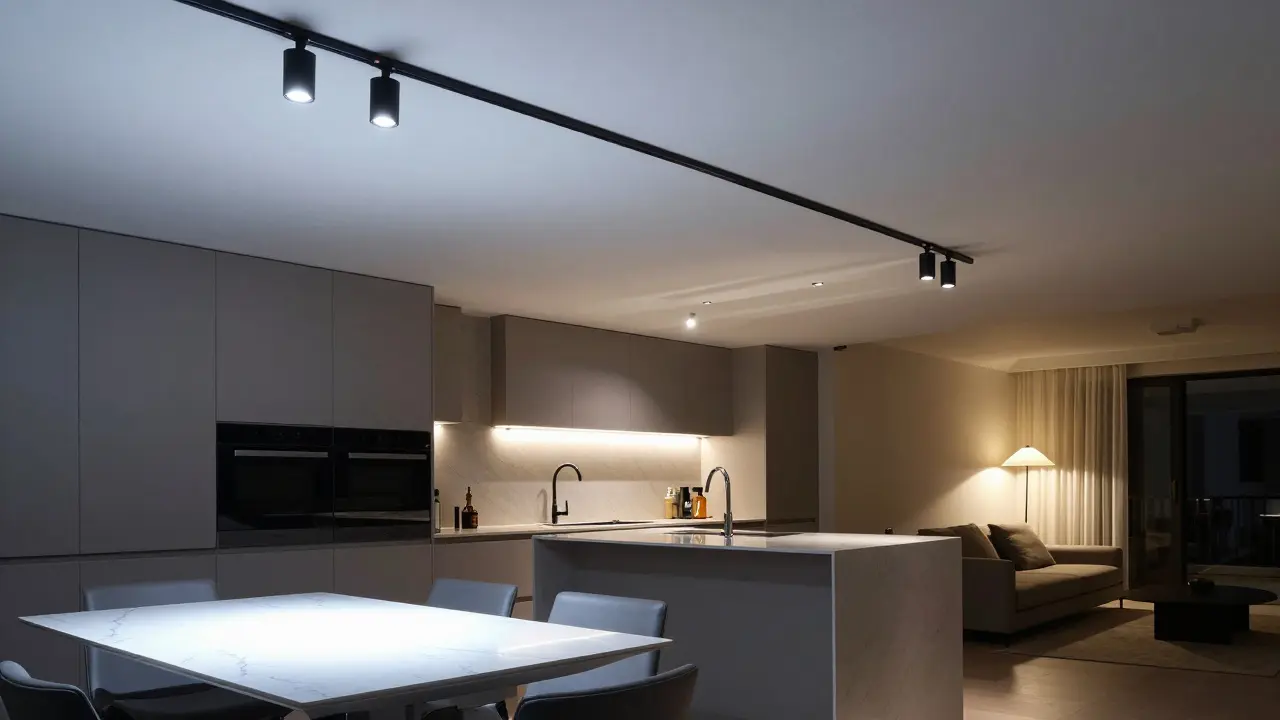Dreiphasige Stromschiene im offenen Wohn-Küchenbereich mit getrennt gesteuerten Lichtzonen über Tisch, Arbeitsplatte und Sitzbereich.