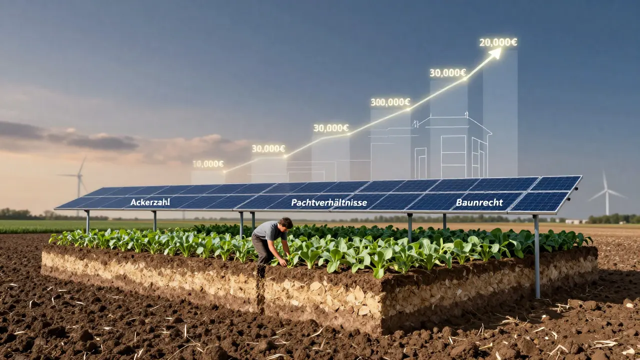 Dreiteilige Darstellung eines Hektars: Boden, Landwirtschaft und Bauflächen, mit Wertskala von 30.000€ bis 200.000€ und Windkraftanlagen im Hintergrund.