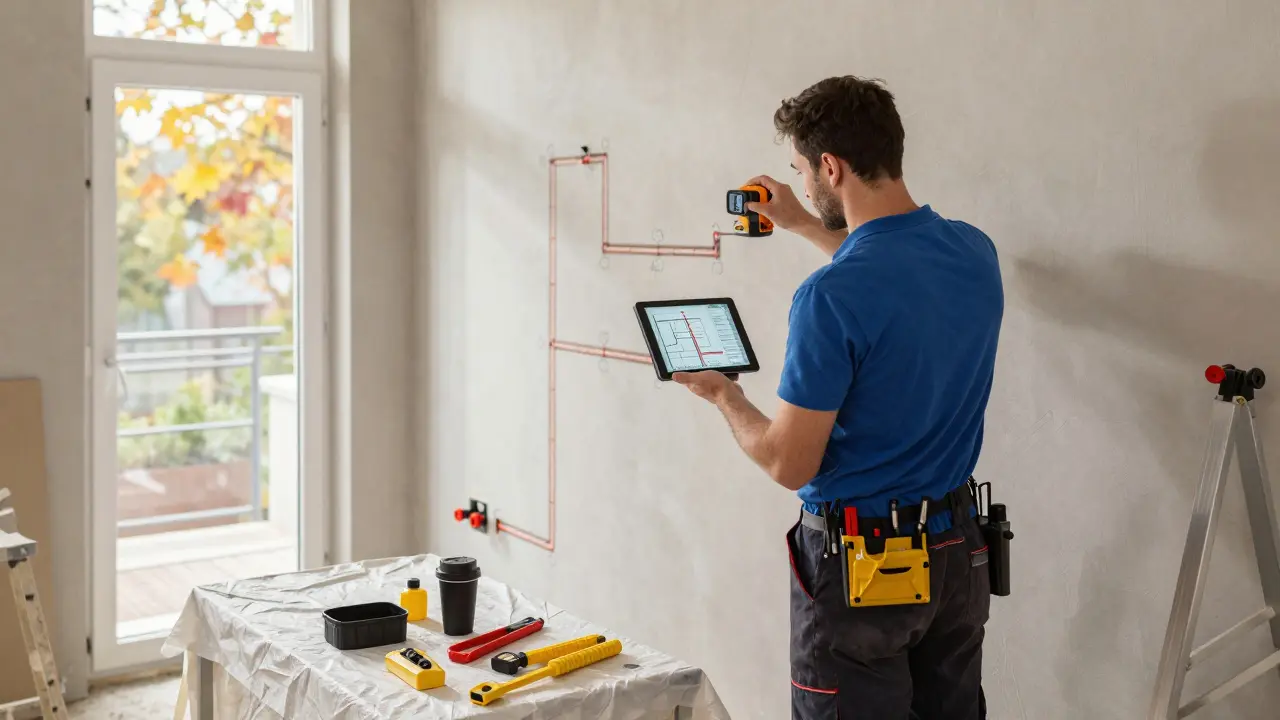 Ein Installateur scannt verborgene Wasserleitungen mit einem 3D-Scanner, während auf einem Tablet der Rohrverlauf dargestellt wird.