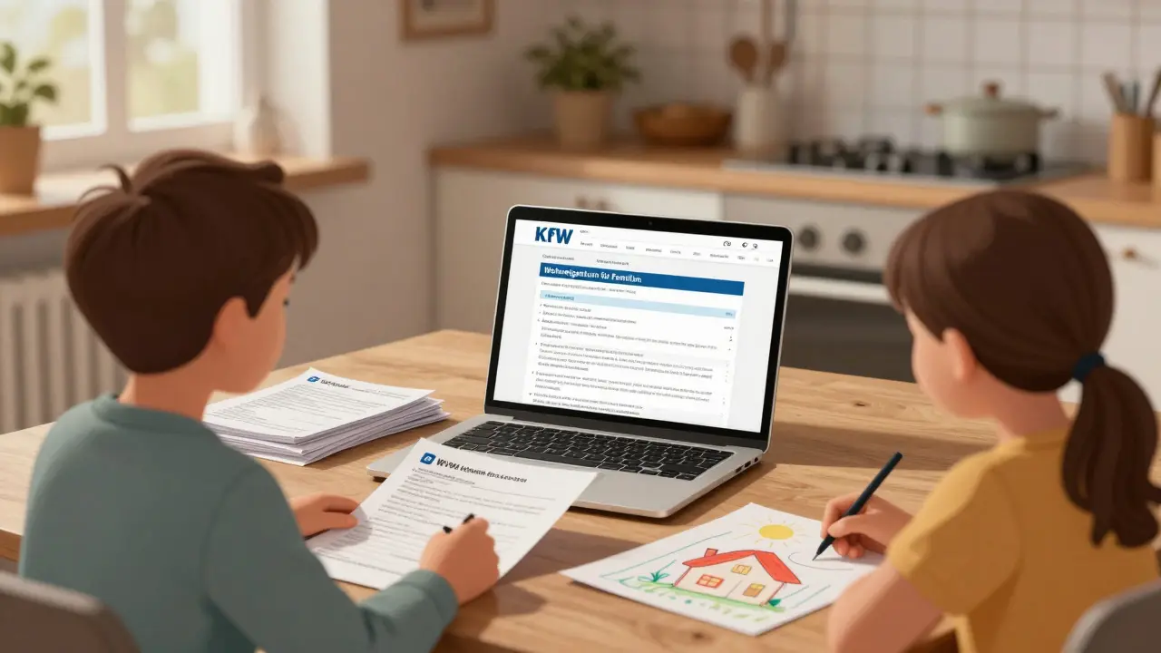 Eltern prüfen KfW-Antragsunterlagen am Küchentisch mit Steuerbescheiden und Energiezertifikat.