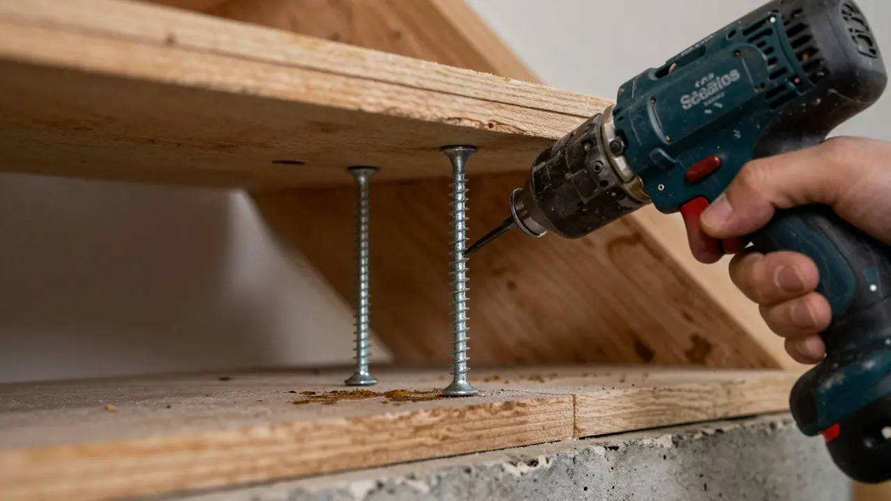 Fachmann verschraubt von unten die Treppenstufen mit Vollgewindeschrauben.