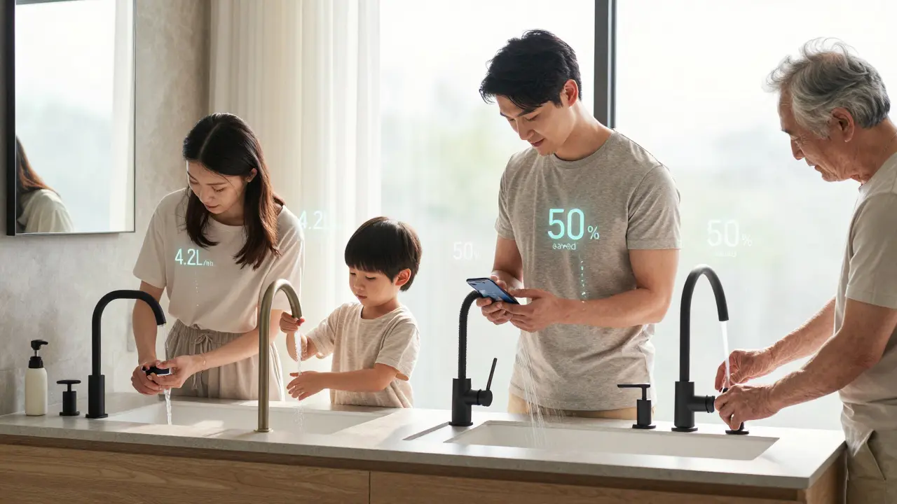 Familie in Badezimmer, verschiedene Armaturen genutzt, Wasserersparnis als translucente Zahlen sichtbar.