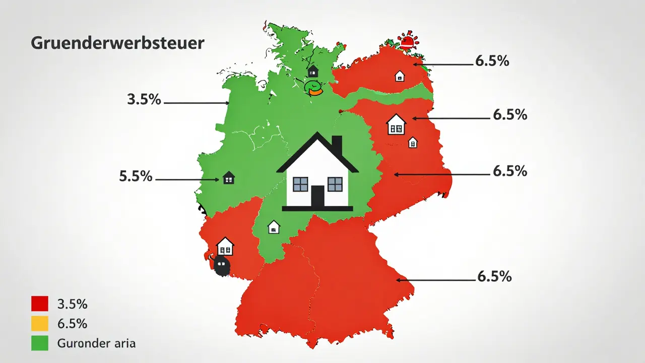 Farbige Deutschlandkarte mit Grunderwerbsteuersätzen von 3,5% bis 6,5% und Haus-Symbolen.
