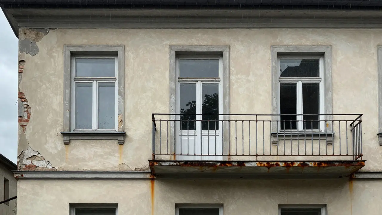 Fassade mit brüchigen Fugen und rostendem Balkongeländer, Feuchtigkeitsspuren an der Wand.