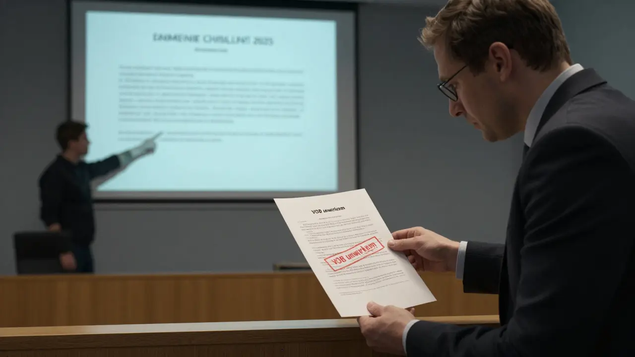 Gerichtssaal: Hausbesitzer präsentiert unwirksame VOB-Bedingung mit BGH-Urteil als Beweis.