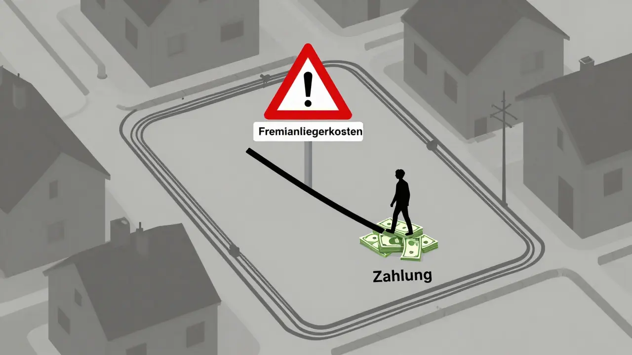 Grundstück mit übergriffigen Versorgungsleitungen, die zu Nachbargrundstücken führen, und einem Warnsymbol für fremde Kosten.