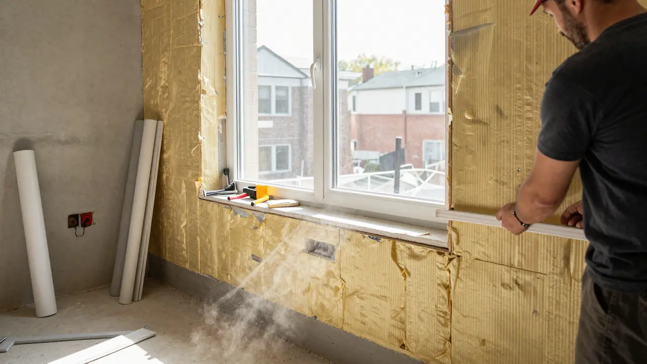 Handwerker installiert Dämmplatten an einer Fensterlaibung, um Wärmebrücken zu vermeiden.