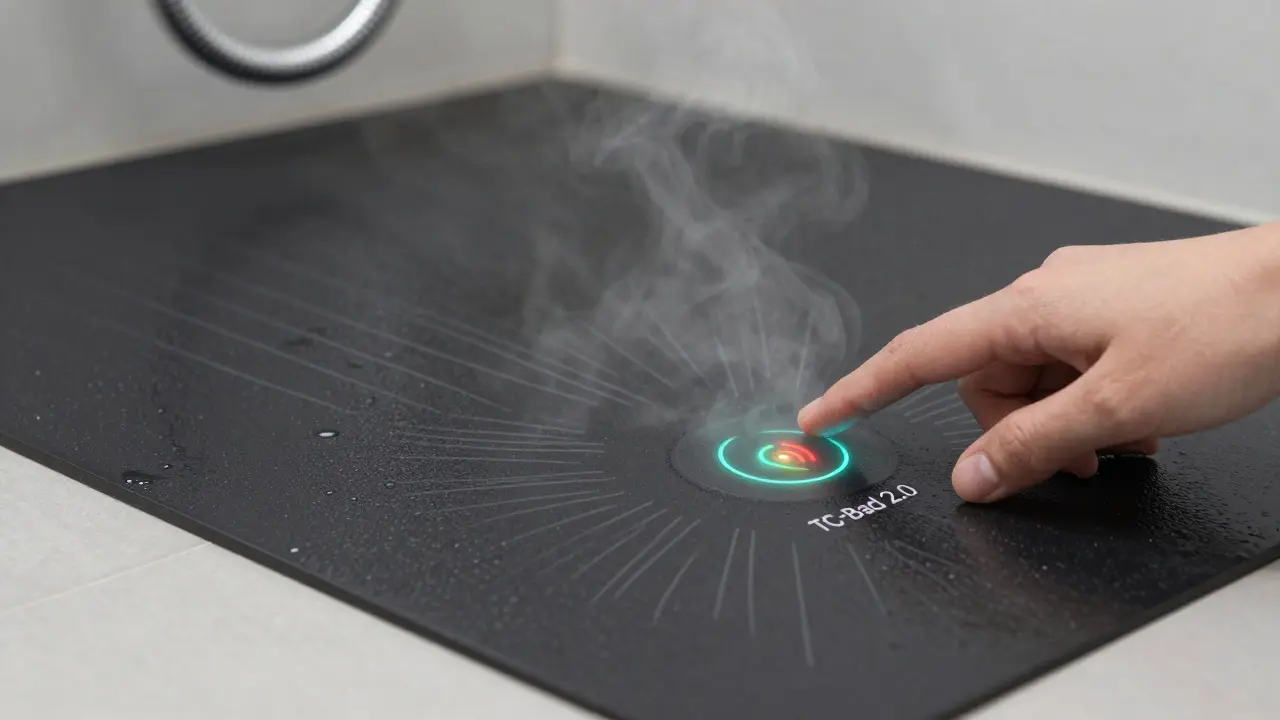 Intelligenter Bodenindikator vibriert leicht bei zu heißem Wasser, Dampf steigt aus der Dusche.