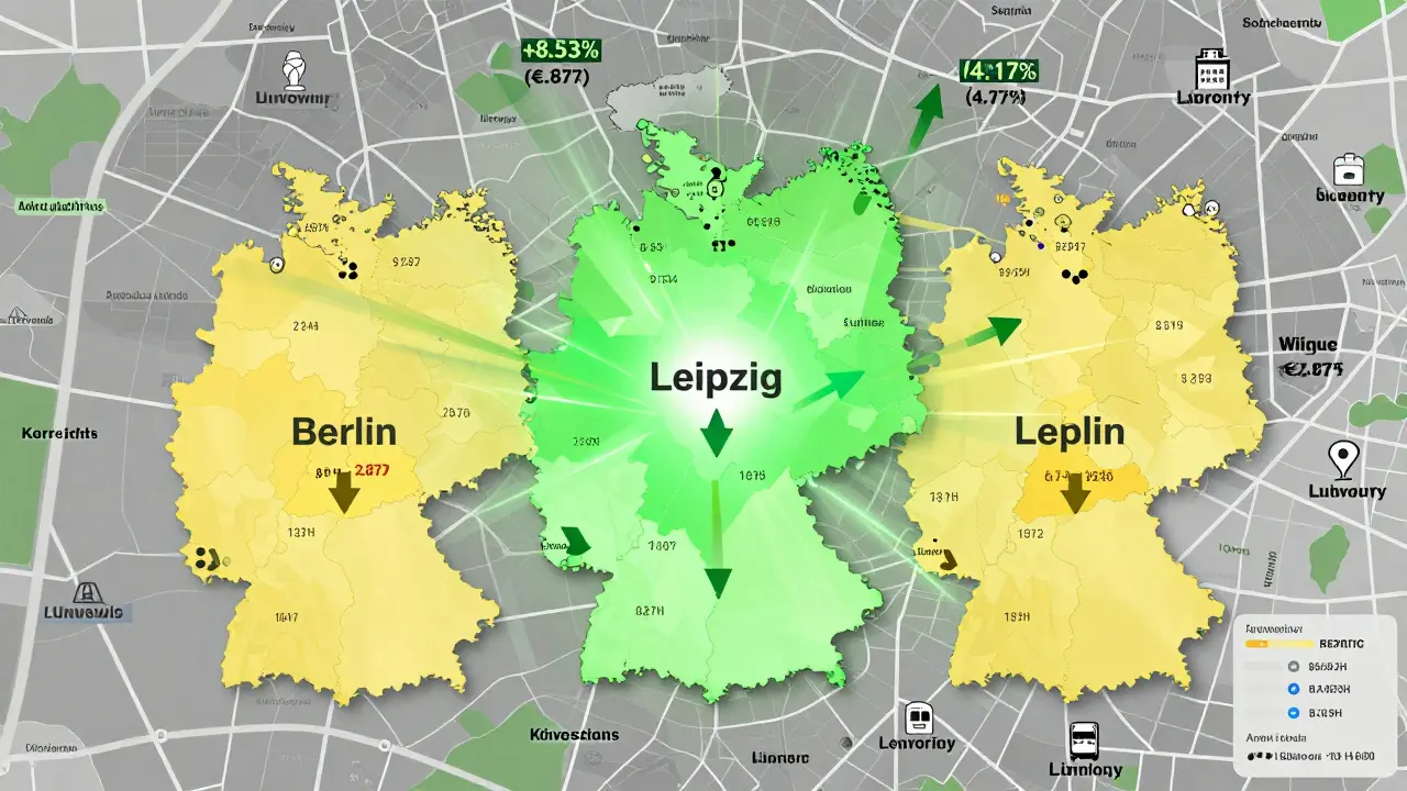 Karte Deutschlands mit farbigen Datenpunkten: Leipzig als Hotspot mit Wachstum, hoher Rendite und niedrigen Preisen, A-Städte in sanfteren Tönen.