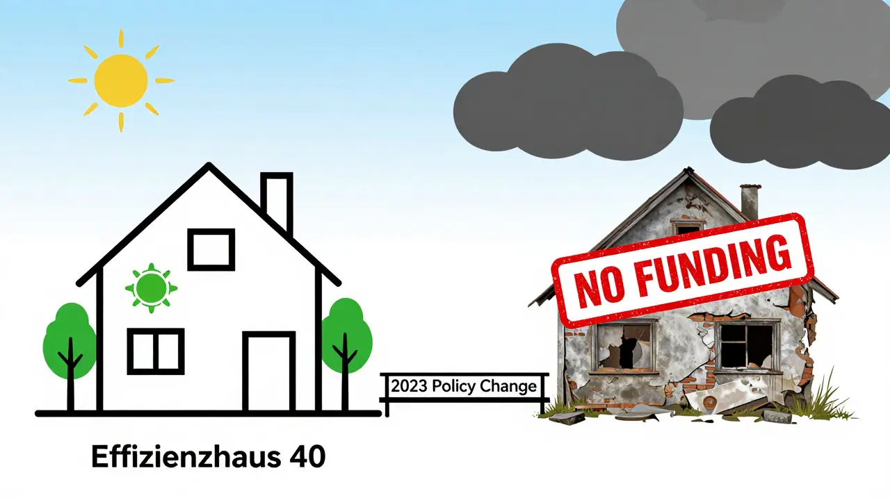 Kontrast: modernes Energiesparhaus links, altes Haus mit Förderstopp rechts.