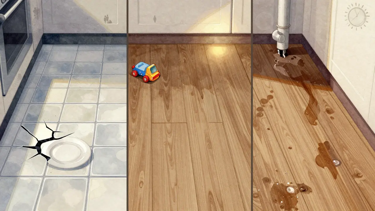 Künstlerische Vergleichsdarstellung von Fliesen, Vinyl und Echtholz in der Küche mit Symbolen für Sicherheit und Pflegeaufwand.