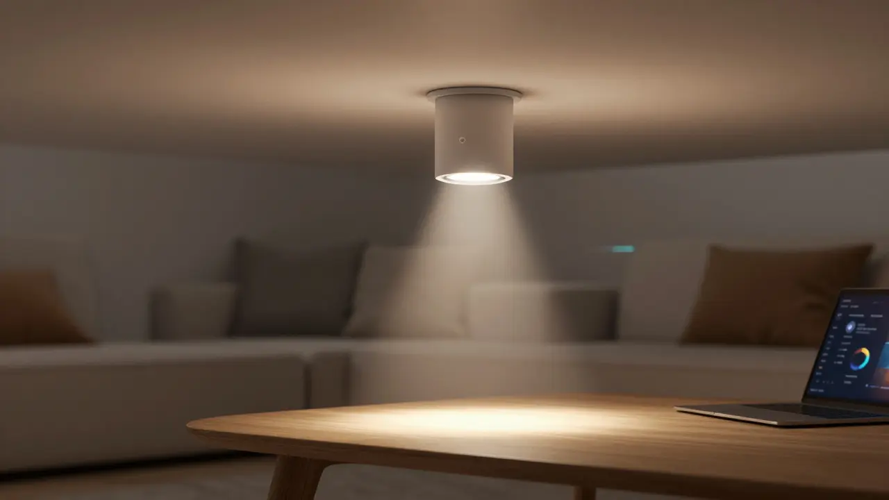Magnetischer LED-Spot schwebt über einer dünnen Niederspannungs-Schiene, warmes Licht fällt auf einen Holztisch in minimalistischem Raum.