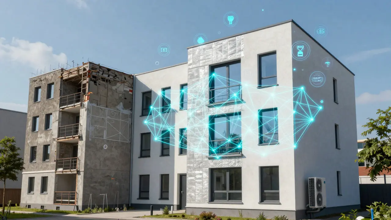 Modernes Gebäude mit Blockchain-Überlagerung, zeigend den Wandel von altem Zustand zu energetisch sanierter Fassade.