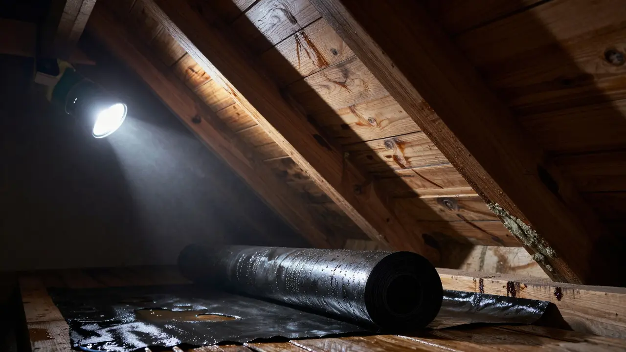 Nasse Holzbalken im Dachboden mit Wasserläufen und beschädigter Dachabdichtung