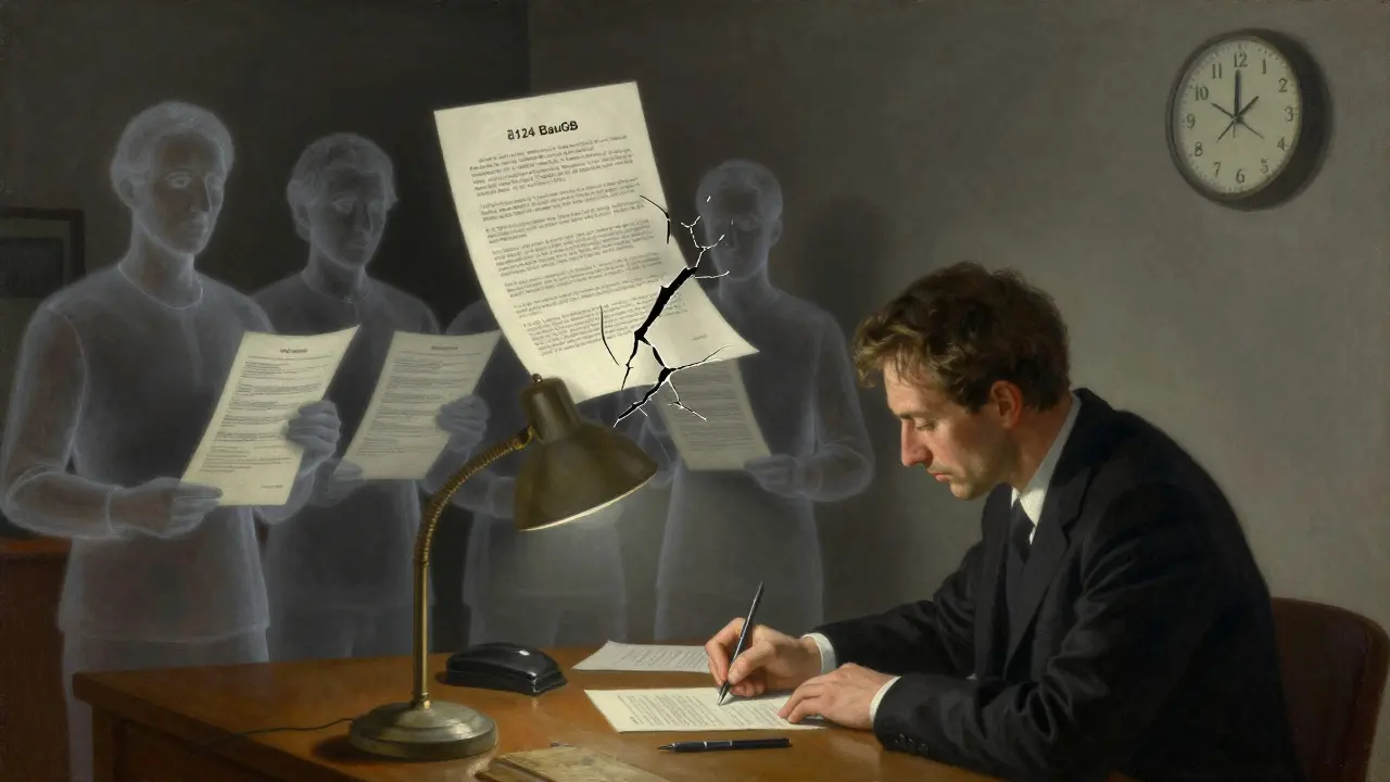 Notarzimmernszene mit unterschriebenem Vertrag, während schattenhafte Eigentümer mit steigenden Rechnungen hinter ihm stehen.