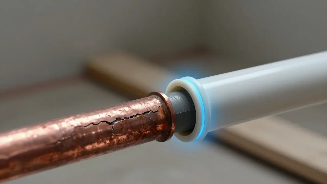 Querschnittsanzeige: alte, korrodierte Kupferleitung neben einer neuen Kunststoffleitung, die mit Liner-Methode eingezogen wird.