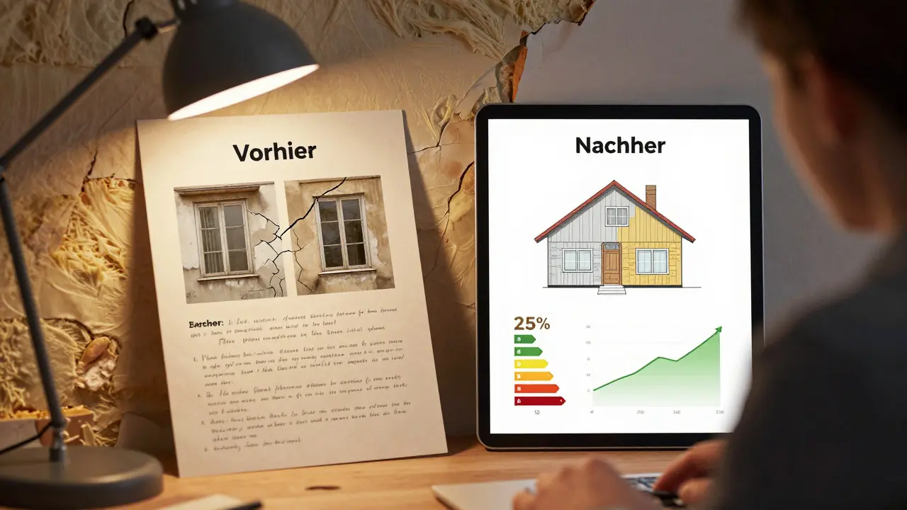 Sachverständiger vergleicht Vorher- und Nachher-Gutachten mit alten Fotos und neuen Energieausweisen unter Lampenlicht.