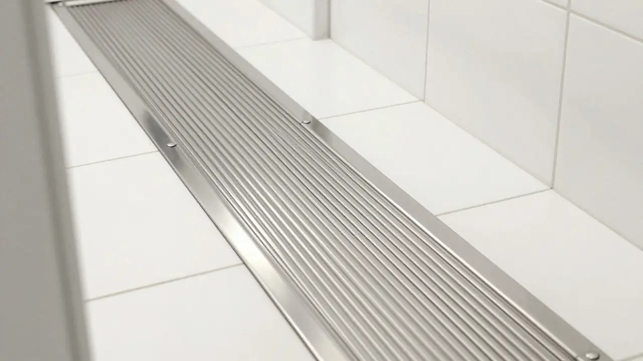 Schmale Rippenleiste aus Edelstahl führt vom Eingang zur Toilette, klare taktiler Leitstruktur.