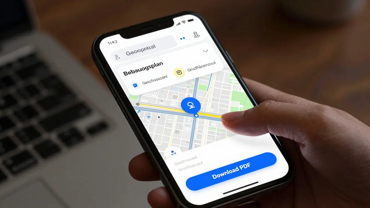 Smartphone-Display mit Geoportal-Karte, das den Download eines Bebauungsplans als PDF anzeigt.
