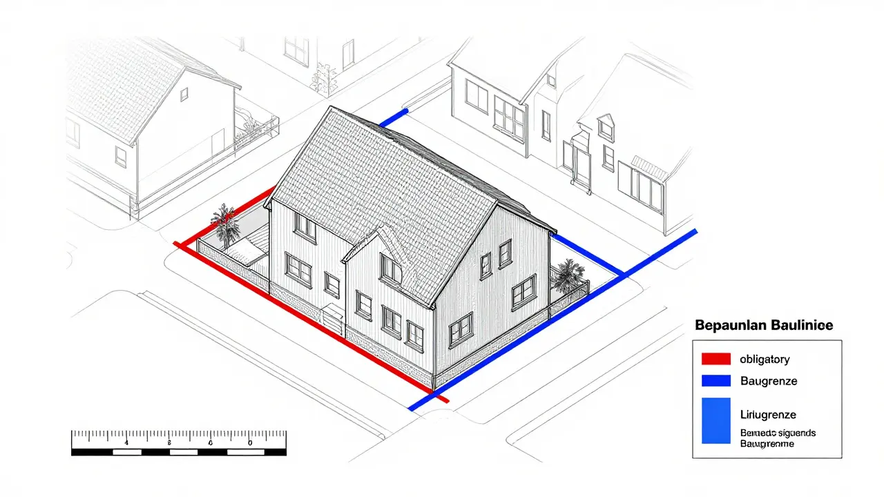 Technische Grundrisszeichnung mit roter Baulinie und blauer Baugrenze, Maßstab und Farbcodierung sichtbar.