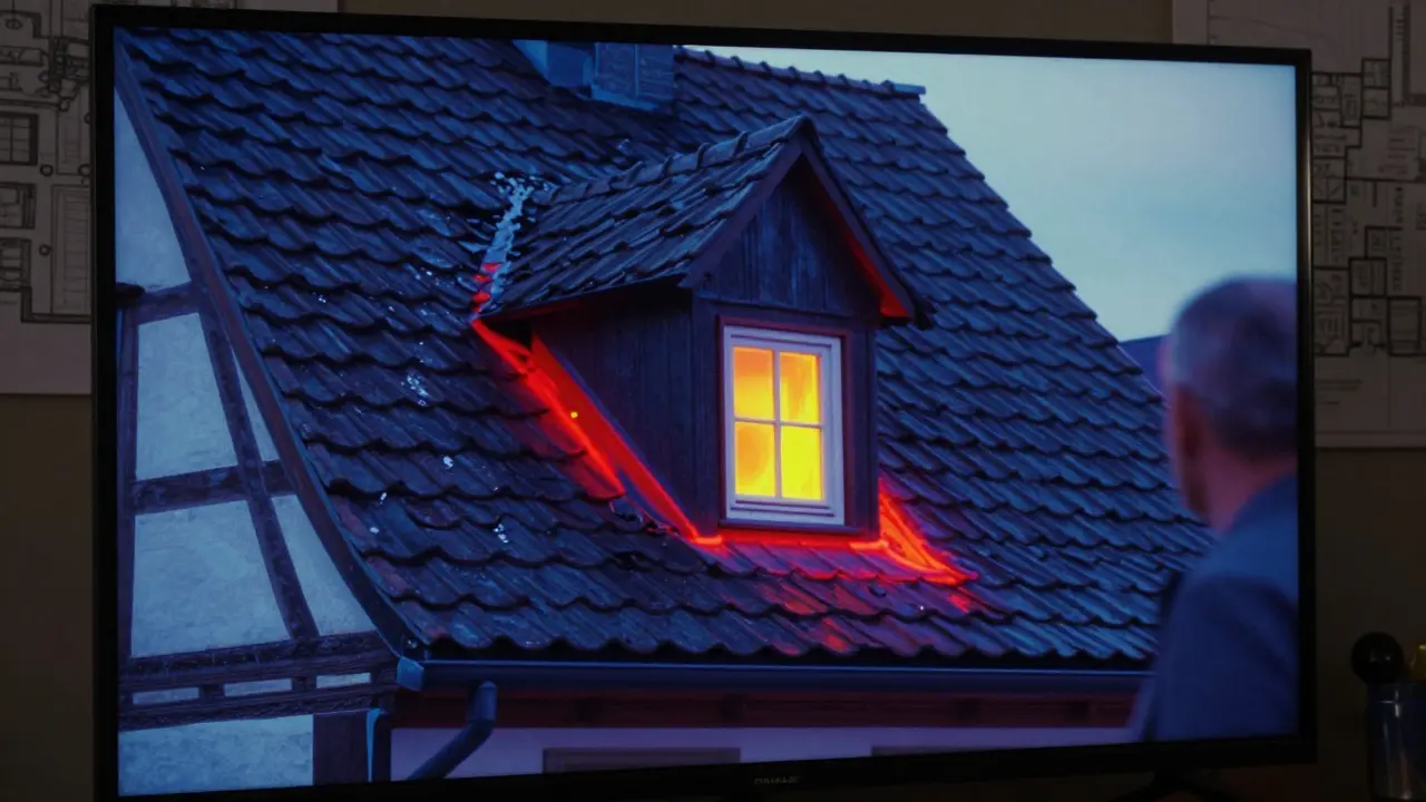 Thermografie-Bild zeigt Wärmeflecken auf einem Dach, die auf Feuchtigkeitsschäden hinweisen.