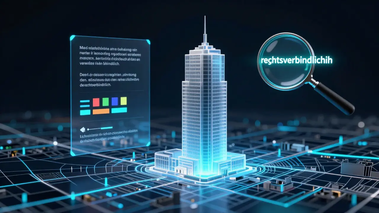 Transparentes 3D-Gebäudemodell über einer digitalen Stadtmap mit textbasierten Bauregeln und farbigen Zoning-Symbolen.