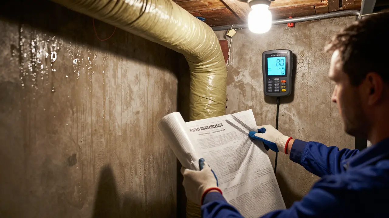 Unisolierte Heizungsrohre in einem feuchten Keller, die gerade gedämmt werden.