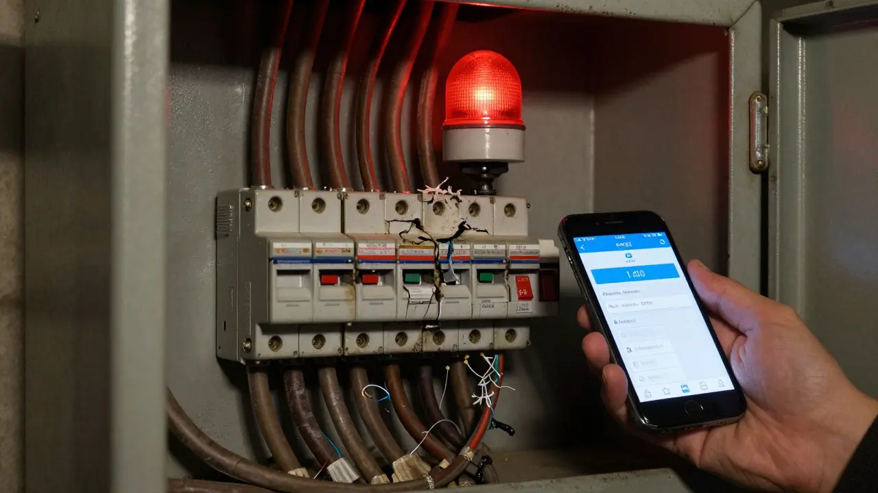 Veraltete Elektroinstallation mit aluminiumnen Leitungen und warnendem Licht in einem Kellerkasten.