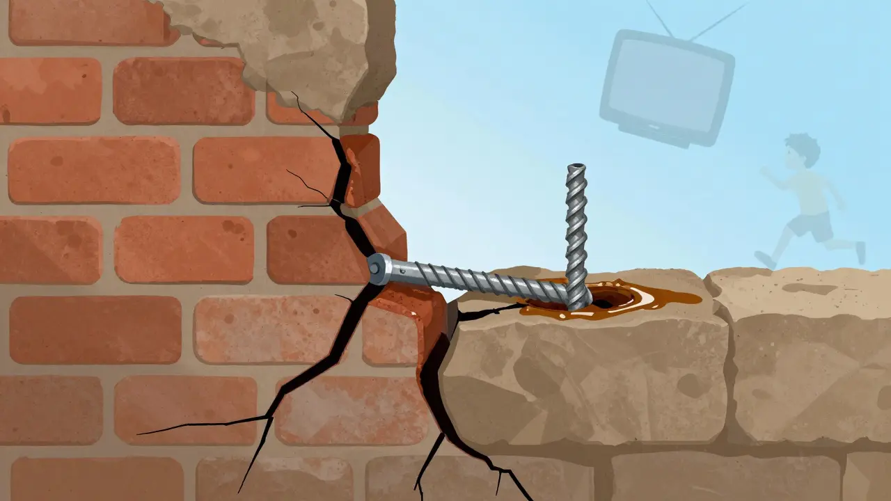 Vergleich: Ein Metall-Spreizdübel reißt den Stein, während ein chemischer Anker ihn sicher verbindet.