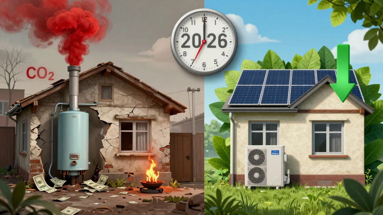 Vergleich eines alten Gasheizungshauses mit CO2-Abgasen und eines modernisierten Hauses mit Wärmepumpe und grüner Energie.