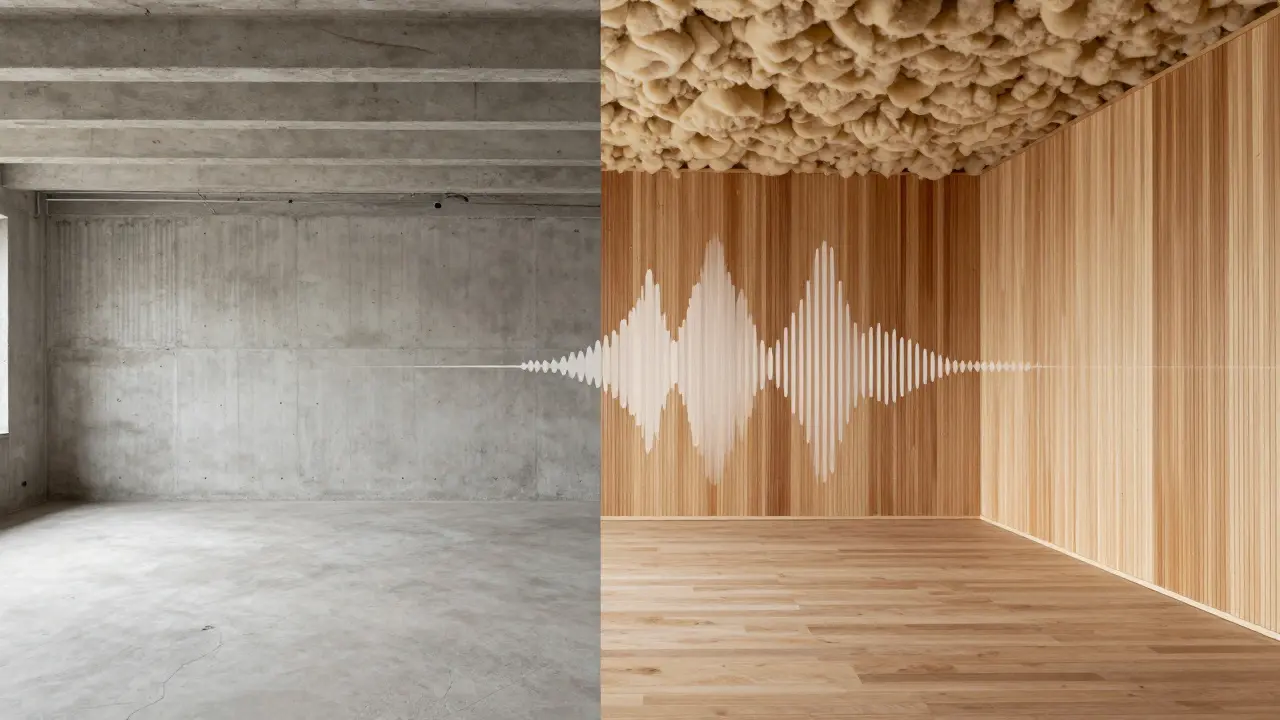 Vergleich: Raues, hallendes Loft links – akustisch optimiert mit Paneelen und Dämmung rechts.