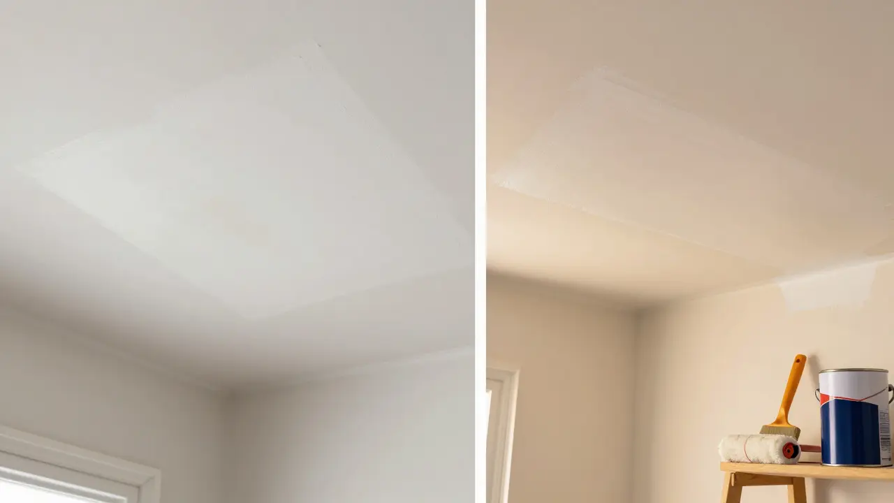 Vergleich von schlechter und professioneller Deckenreparatur mit Isolierfarbe