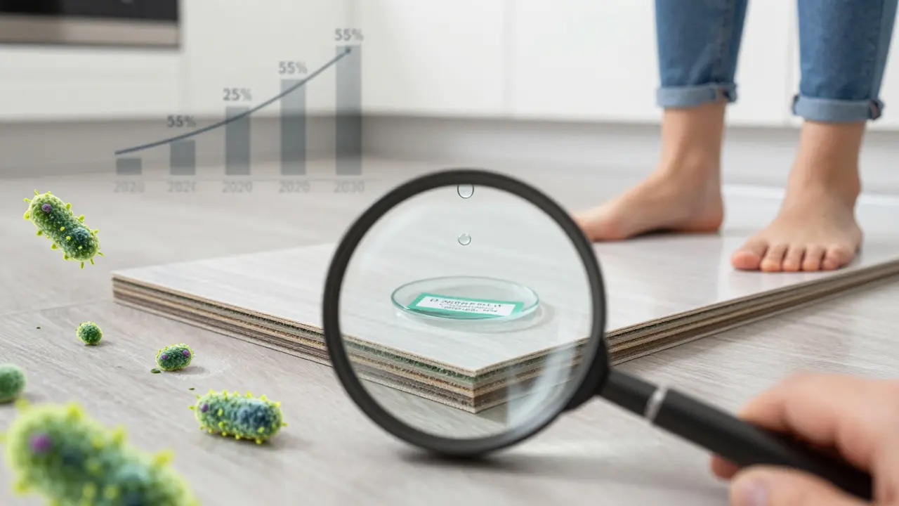 Vergrößerte Ansicht der Schichtstruktur von hochwertigem Vinylboden mit antibakterieller Beschichtung und recycelten Materialien.